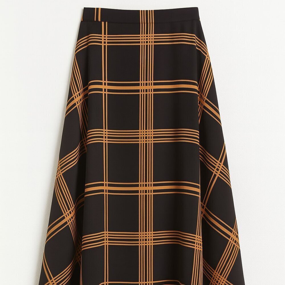 Halogen Plaid A-Line Midi Skirt Black Mustard Windowpane Check Women’s XS - Picture 2 of 5
